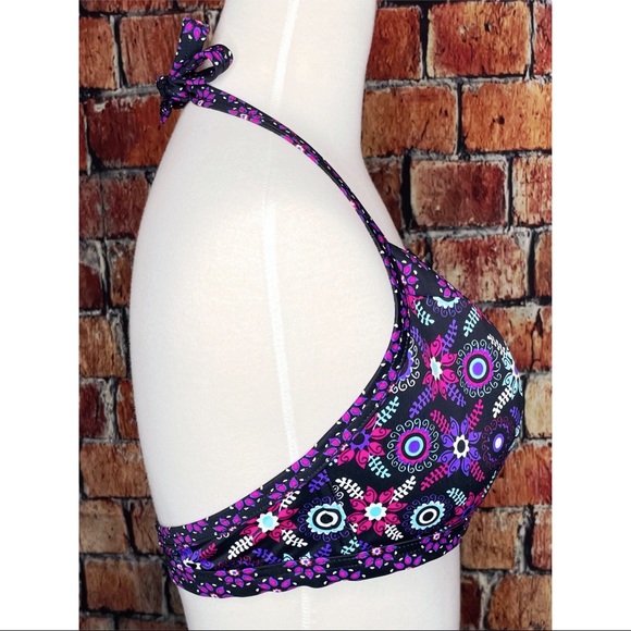 Freya Black Purple Floral Women’s Banded Halter Bikini Swim Top Size UK US 38D - Picture 2 of 5